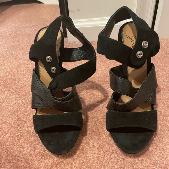 Mark and James black suede and leather mixed media heels platform - Picture 1 of 2